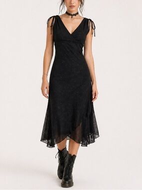 Vtg Y2K Ruby Rox Dress S Sheer Mesh Floral Bias Cut Midi Whimsigoth HOCO Fairy